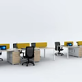 Long Modern Office Desk With Laptops Yellow Dividers Potted Plant And Black Office Chairs
