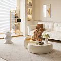 Modern Living Room Interior With White Sofa Round Coffee Table Wall Art And Arched Shelves