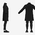 Two stylish black long coats displayed with matching pants and shoes