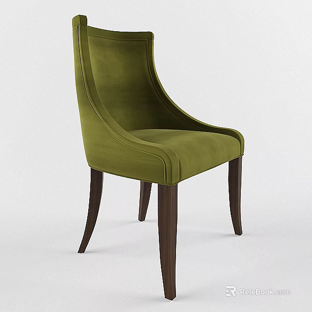 Green Velvet Dining Chair With Curved Backrest Design And Dark Brown Wooden Legs 3d model 