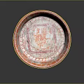 Traditional Decorative Sculpture Carving With Circular Shape Red White Patterns And Three Legs