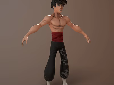 3D Game Movie Character Muscular Torso Red Sash Black Patterned Pants White Socks Outstretched Arms 3d model