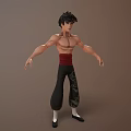 3D Game Movie Character Muscular Torso Red Sash Black Patterned Pants White Socks Outstretched Arms