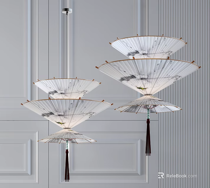 Traditional Chinese Style Multi Tiered Umbrella Chandeliers With Ink Painting And Tassels 3d model 