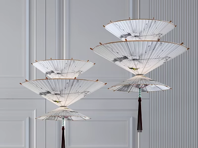 Traditional Chinese Style Multi Tiered Umbrella Chandeliers With Ink Painting And Tassels 3d model