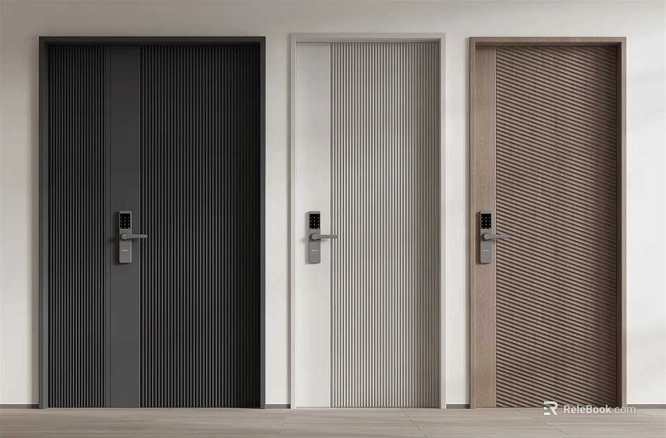 Modern Security Doors With Vertical Stripes Smart Lock And Three Color Designs 3d model 