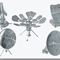 Metal Satellite Dishes And Radar Devices With Various Shapes Structures On Gray Background