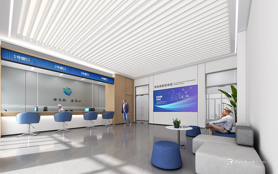 Modern Service Hall Interior Design With Reception Desk Digital Screen Sofas And Potted Plant 3d model 