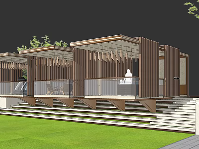 Modern Building With Wooden Slats Facade Glass Railings Steps And Lawn Trees 3d model