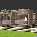 Modern Building With Wooden Slats Facade Glass Railings Steps And Lawn Trees