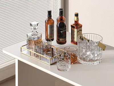 Elegant Wine Bottles And Glasses Arrangement With Tray On Table 3d model