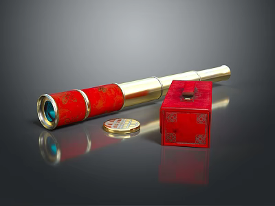 Vintage Red Gold Commercial Telescope Equipment With Decorative Box And Badge 3d model