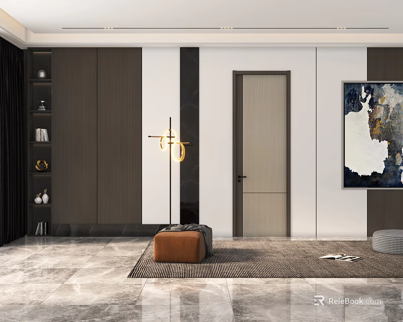 Modern Home Interior Featuring Hinged Door Dark Light Walls And Marble Floor 3d model