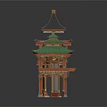 Traditional Chinese Architectural Models with Red Wooden Frames Green Roofs and Decorative Eaves