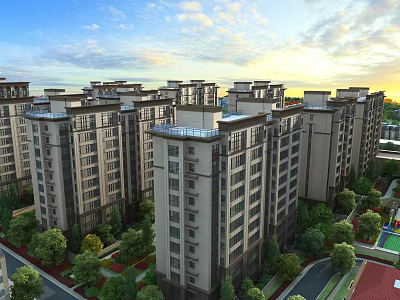 Aerial Planning of Modern Residential Complex With High Rise Buildings Greenery and Well Arranged Roads 3d model