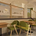 Modern Restaurant Interior With Green Chairs Light Tables White Walls And Artwork
