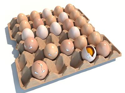 Organic Brown Eggs in Paper Carton with Cracked Shells and Broken Yolk 3d model