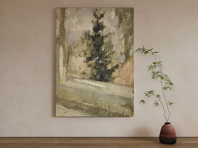 Abstract Painting Hanging On Neutral Wall With Potted Bamboo And Wooden Floor 3d model