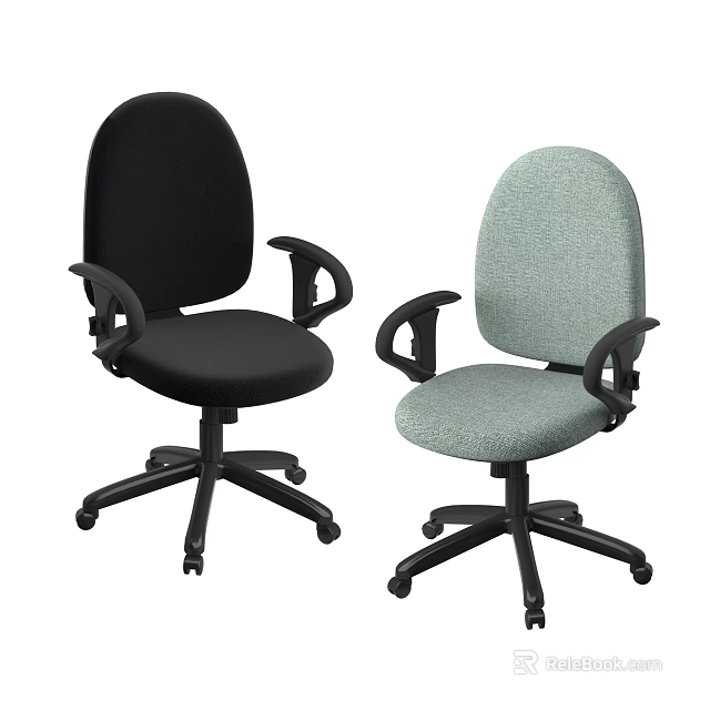 Two Office Chairs with Armrests Black Upholstered and Light Green Fabric Wheeled Base 3d model 