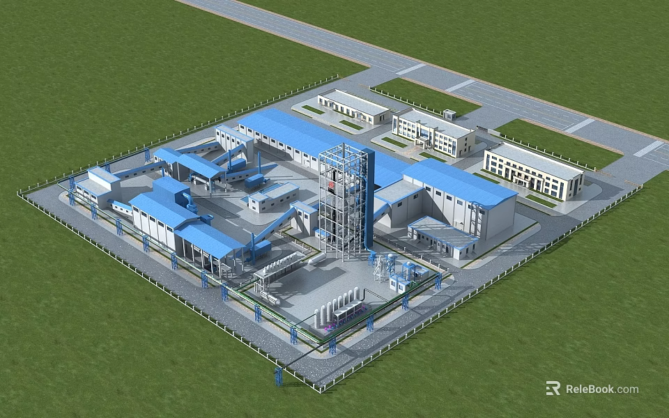 Building Exterior Wall of Industrial Facility with Blue Roof White Exterior Green Lawn Surrounding Roads 3d model 