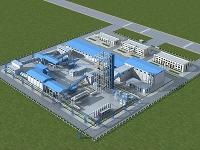 Building Exterior Wall of Industrial Facility with Blue Roof White Exterior Green Lawn Surrounding Roads 3d model