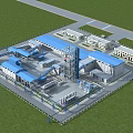 Building Exterior Wall of Industrial Facility with Blue Roof White Exterior Green Lawn Surrounding Roads
