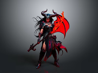 Woman With Long Hair Horns And Red Wings Holding Flaming Weapon In Red Black Outfit 3d model