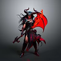 Woman With Long Hair Horns And Red Wings Holding Flaming Weapon In Red Black Outfit