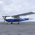 Blue and White Passenger Plane Parked on Gray Ground Under Cloudy Sky 3d model