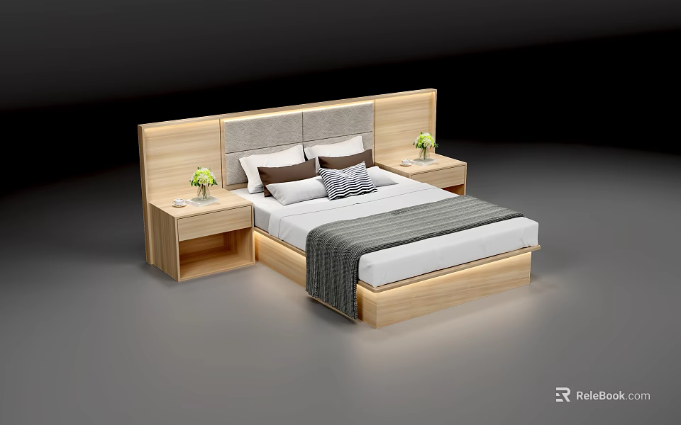 Modern Double Bed With Wooden Upholstered Headboard Nightstands Vases Flowers Striped Pillows Throw Blanket 3d model 