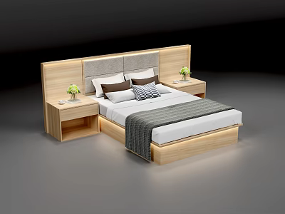 Modern Double Bed With Wooden Upholstered Headboard Nightstands Vases Flowers Striped Pillows Throw Blanket 3d model