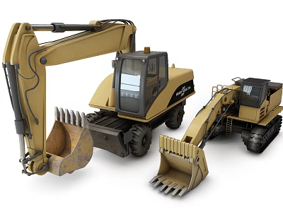 Yellow Construction Functional Vehicles With Excavator Loader Bucket And Cab 3d model