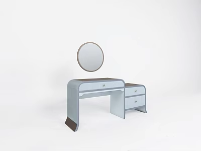 Modern Light Blue Dressing Table With Round Mirror And Storage Drawers 3d model