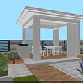 Modern Garden Landscape with White Pavilion Wooden Walkway Outdoor Seating Green Plants and Colorful Flowers