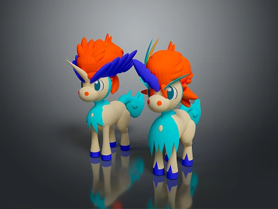 Cartoon Creature Characters With Orange Manes Blue Horns White Blue Bodies And Feathery Tails 3d model