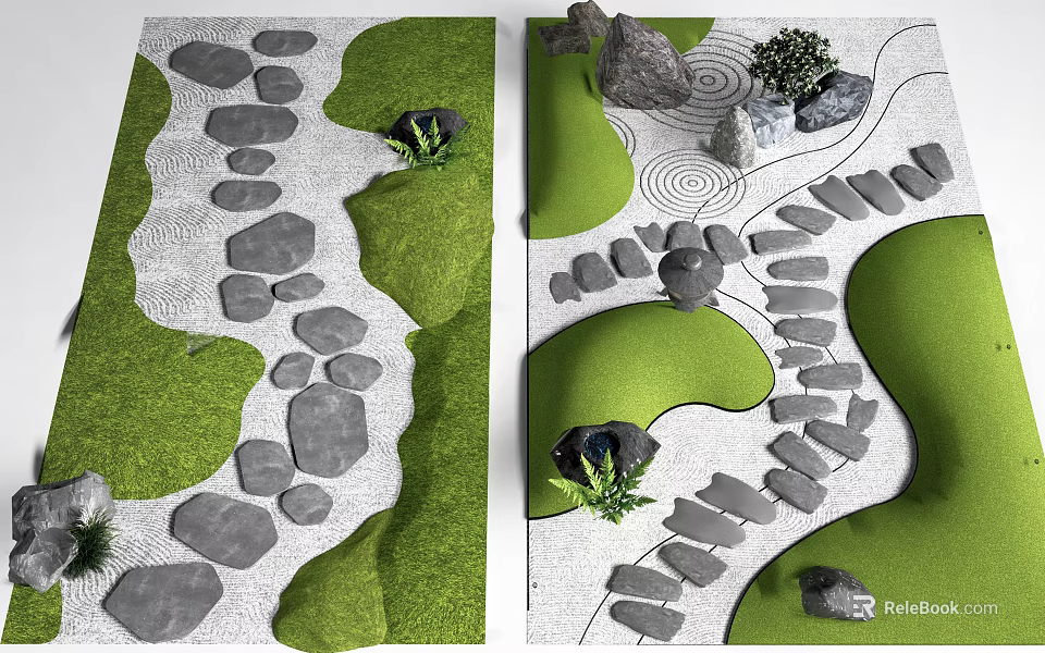 Natural Garden Stepping Stones Path Design With Irregular Stones Green Grass And White Gravel 3d model 