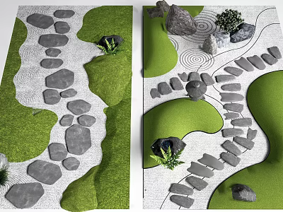 Natural Garden Stepping Stones Path Design With Irregular Stones Green Grass And White Gravel 3d model