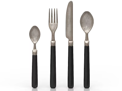 Modern Cutlery Set With Black Handles Metal Spoon Fork And Knife 3d model