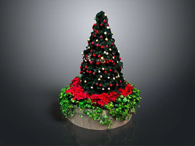 Decorated Christmas Tree With Colorful Ornaments Red Poinsettias And Green Foliage In Planter 3d model
