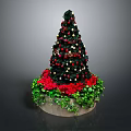 Decorated Christmas Tree With Colorful Ornaments Red Poinsettias And Green Foliage In Planter
