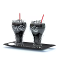 Two Glasses of Coca-Cola With Ice Cubes Red Straws on Black Tray and Water Droplets