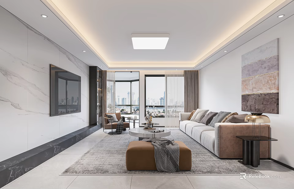 Modern Living and Dining Area Interior With Spacious Layout Sofa TV Wall and City View 3d model 