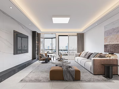 Modern Living and Dining Area Interior With Spacious Layout Sofa TV Wall and City View 3d model
