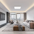 Modern Living and Dining Area Interior With Spacious Layout Sofa TV Wall and City View