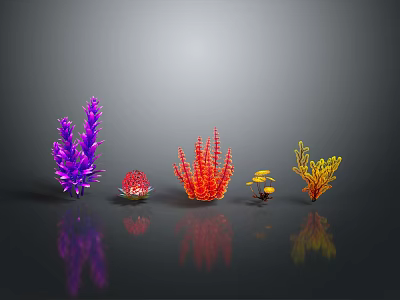Cartoon Scene Featuring Colorful Coral Seaweed Various Colors Purple Red Yellow Black Background And Reflections 3d model
