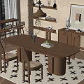 Wooden Dining Table Set With Chairs On Patterned Rug Near Window Blinds And Decorative Shelves