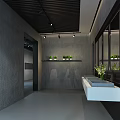 Modern Public Restroom Interior With Stalls Window Blinds Greenery And Lighting