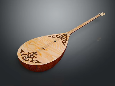 Wooden Stringed Musical Instrument with Carved Floral Patterns Pear Shaped Body and Long Neck 3d model