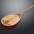 Wooden Stringed Musical Instrument with Carved Floral Patterns Pear Shaped Body and Long Neck