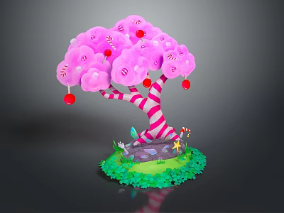 Pink Cartoon Tree With Fluffy Leaves Red Ornaments Striped Candy Cane Trunk And Green Grass 3d model